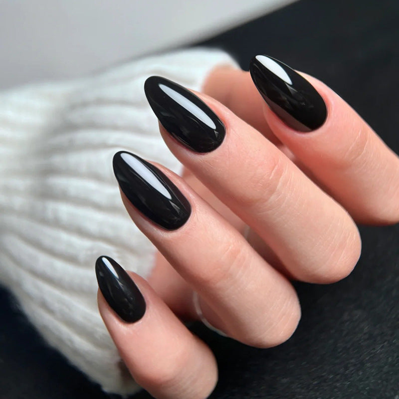 Gothic Glamour Long Almond Black Press On Nail Set for a Stunning Glossy Finish