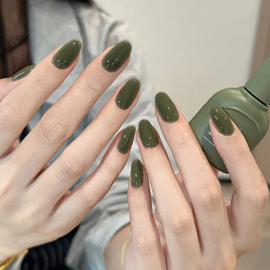 Enchanted Forest Elegant Medium Oval Olive Green Glossy Press On Nail Set