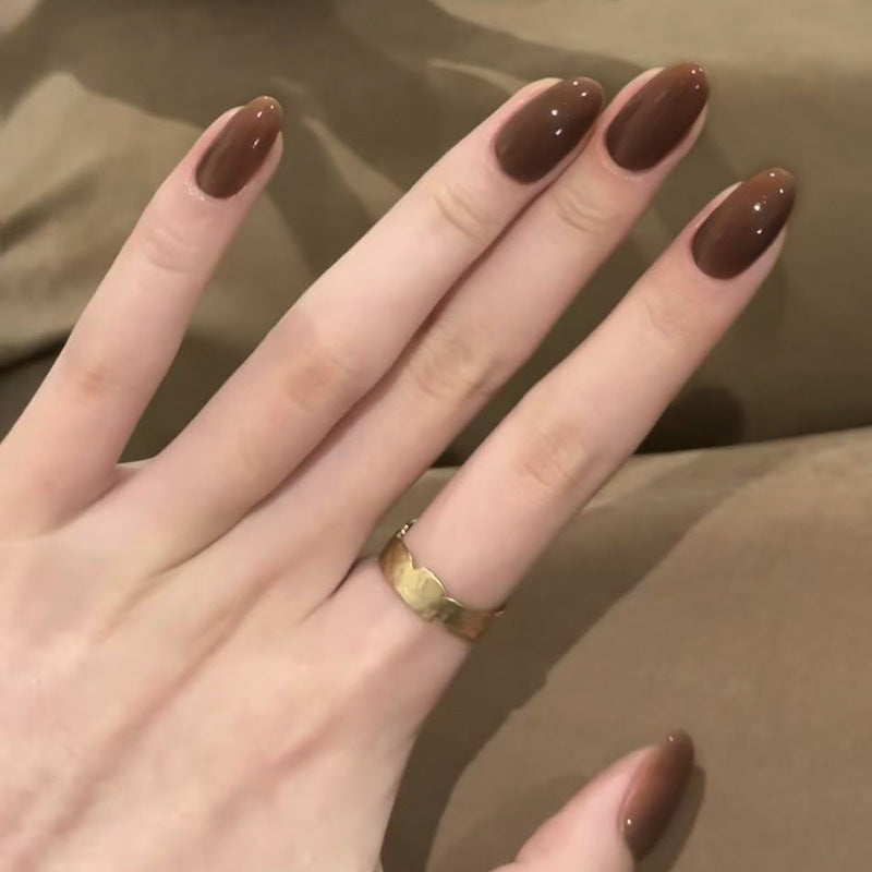 Autumn Elegance Medium Oval Brown Glossy Press-On Nail Set with Unique Shine Finish