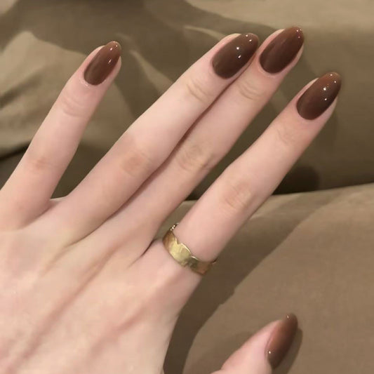 Autumn Elegance Medium Oval Brown Glossy Press-On Nail Set with Unique Shine Finish