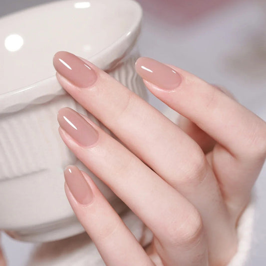 Elegant Harmony Medium Oval Beige Press On Nail Set with Glossy Finish