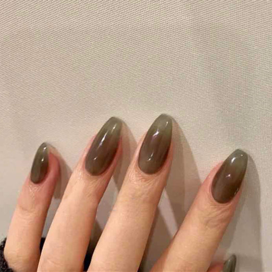 Urban Elegance Medium Coffin Olive Green Professional Press On Nail Set with High Gloss Finish