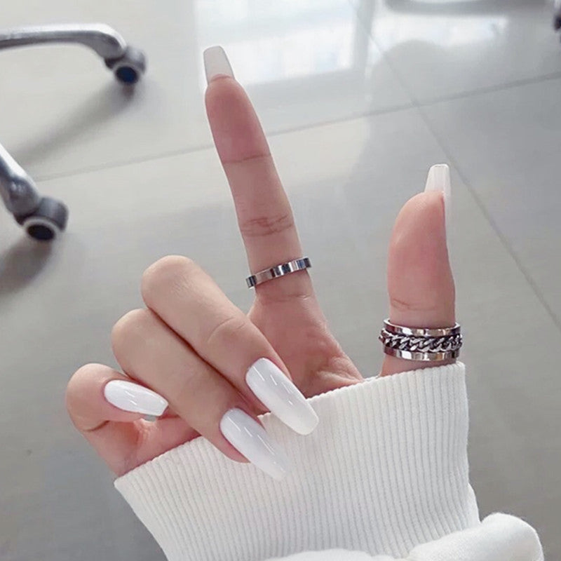 Elegant Winter Frost Long Coffin White Glossy Finish Press On Nail Set
