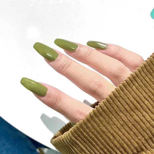 Enchanted Forest Medium Coffin Olive Green Press On Nail Set with High Gloss Finish