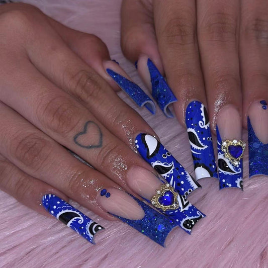Ocean Adventure Extra Long Square Blue Glitter Press On Nail Set with 3D Charms and Rhinestone Accents