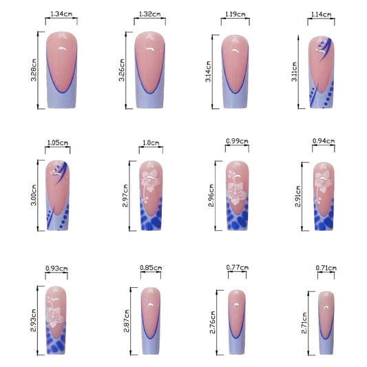 Cherry Blossom Festival Long Coffin Pink and Blue Gradient Press On Nails with Floral Accents and Polka Dot Design