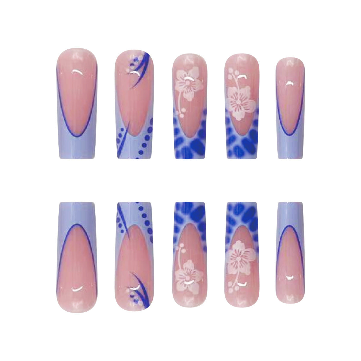 Elegant Sakura Blossom Long Coffin Pastel Pink and Blue Floral Press On Nail Set with Rhinestone Accents