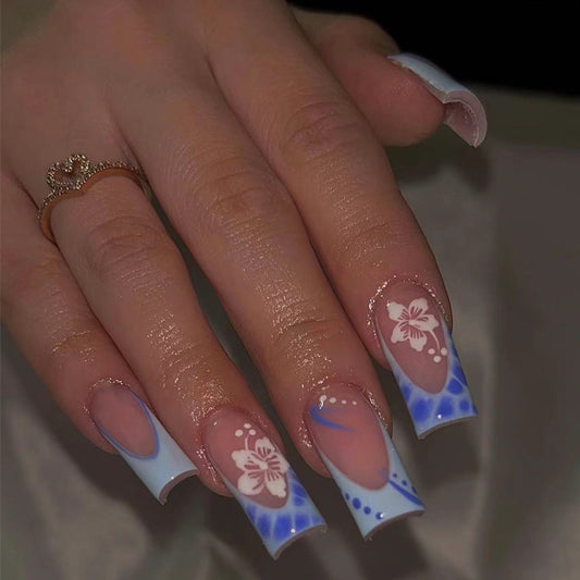 Tropical Escape Long Coffin Blue Ombr‚àö¬© Press On Nails with Floral Accent Design