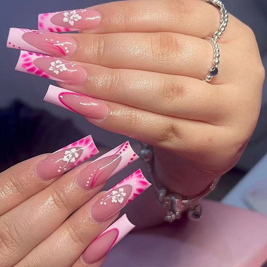 Blossom Breeze Long Square Pink Ombre Press On Nail Set with Floral Design