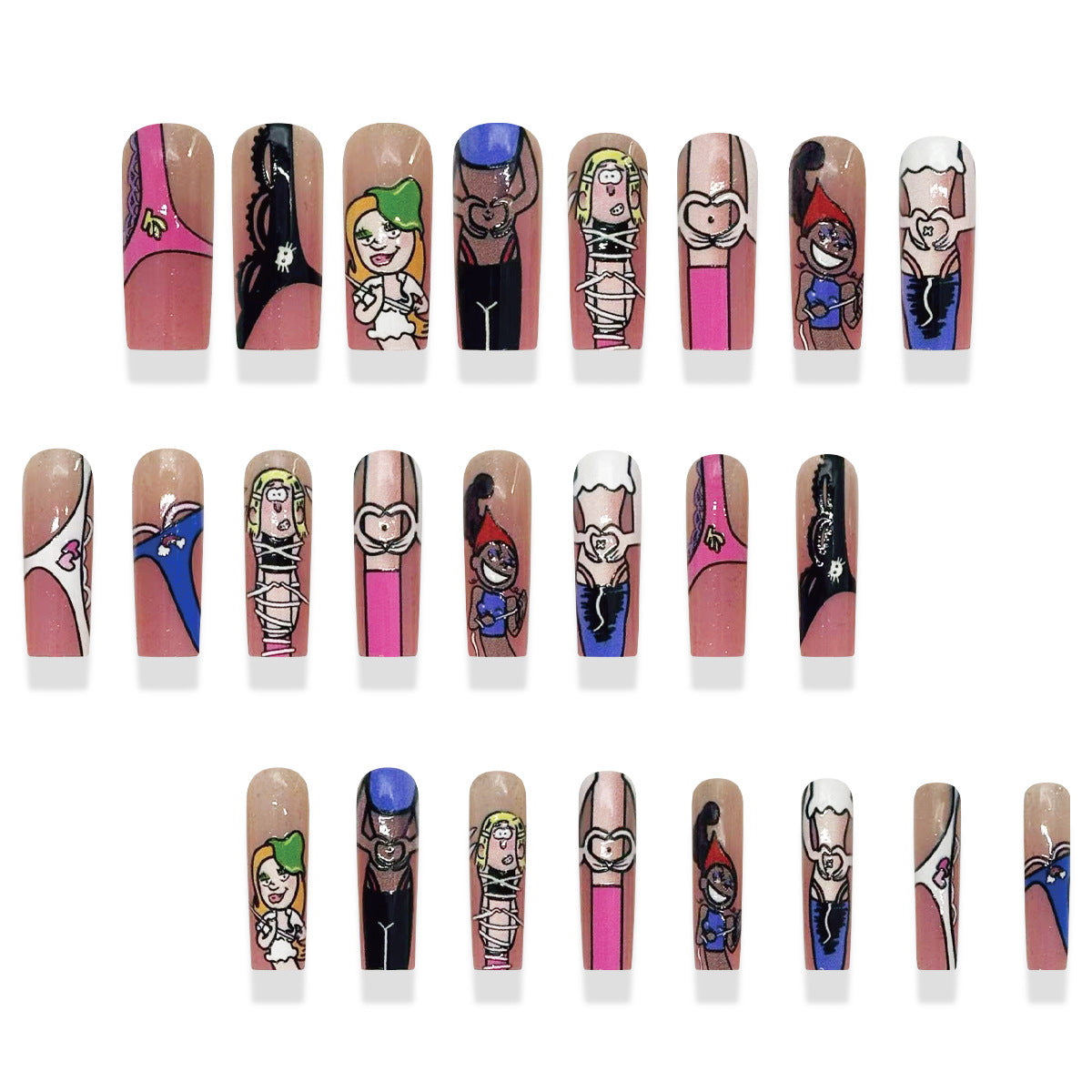 Whimsical Wonderland Long Square Press-On Nail Set in Colorful Cartoon Designs with Unique Artistic Characters