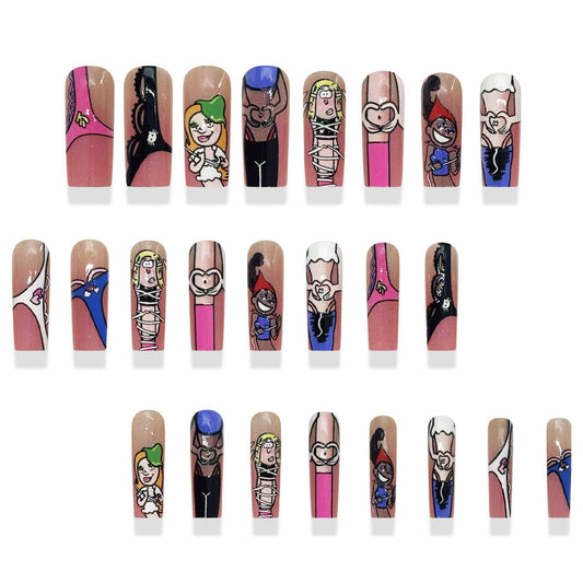 Whimsical Wonderland Long Square Press-On Nail Set in Colorful Cartoon Designs with Unique Artistic Characters