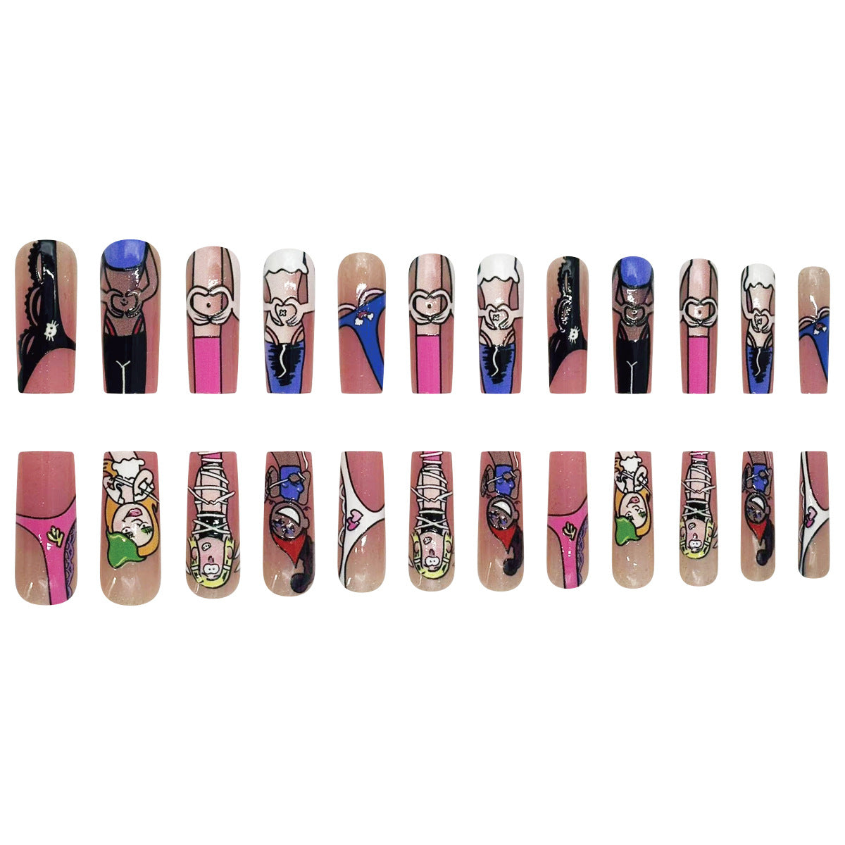 Whimsical Glamour Long Square Pink Multicolor Cartoon Design Nail Set
