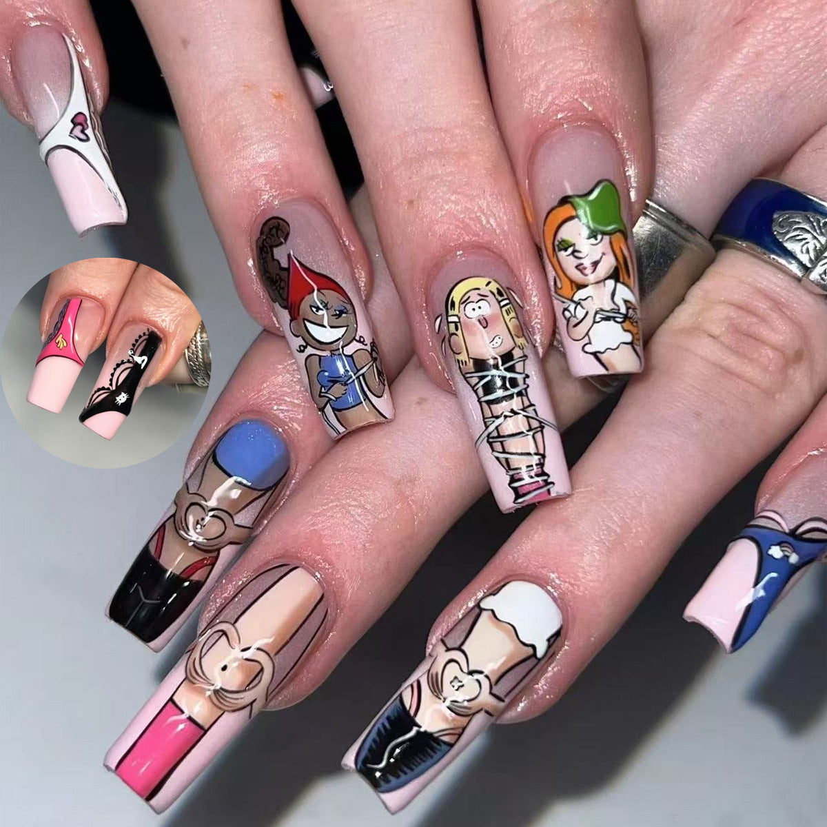 Cartoon Fantasy Long Square Multicolor Features Iconic Character Designs Press On Nail Set