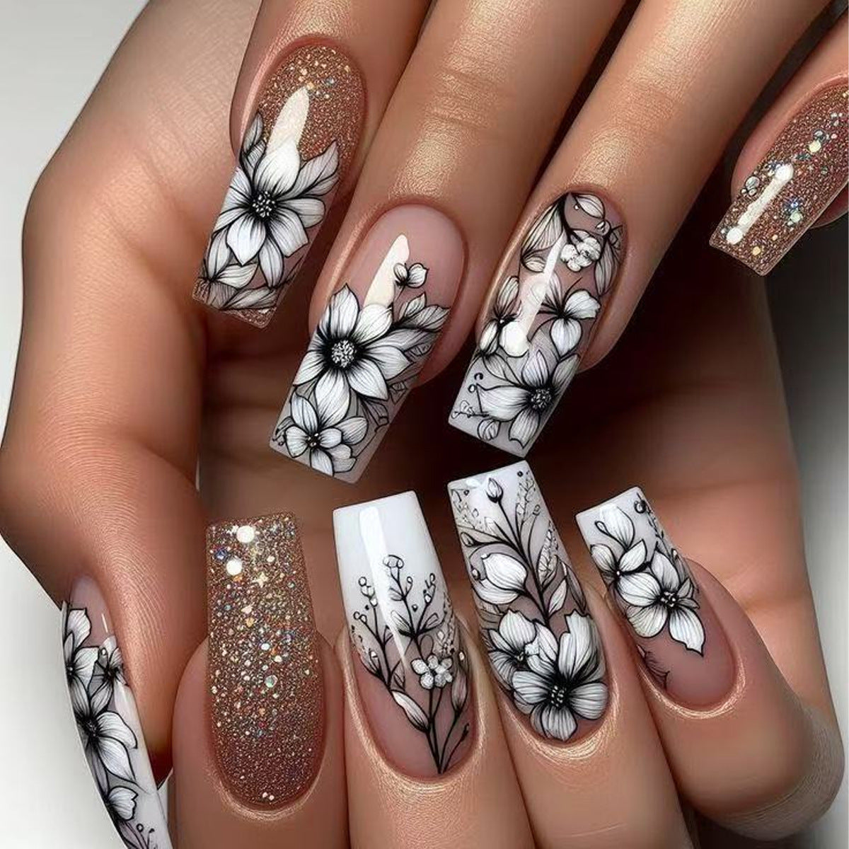 Blossom Elegance Long Square White and Glittering Press On Nail Set with Floral Design