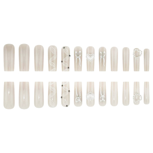 Elegant Whimsy Long Square Soft Beige Press On Nail Set with Dazzling Embellishments