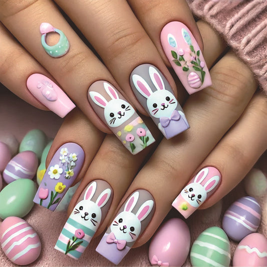 Bunny Garden Delight Medium Square Pastel Press On Nail Set with Whimsical Floral and Bunny Designs