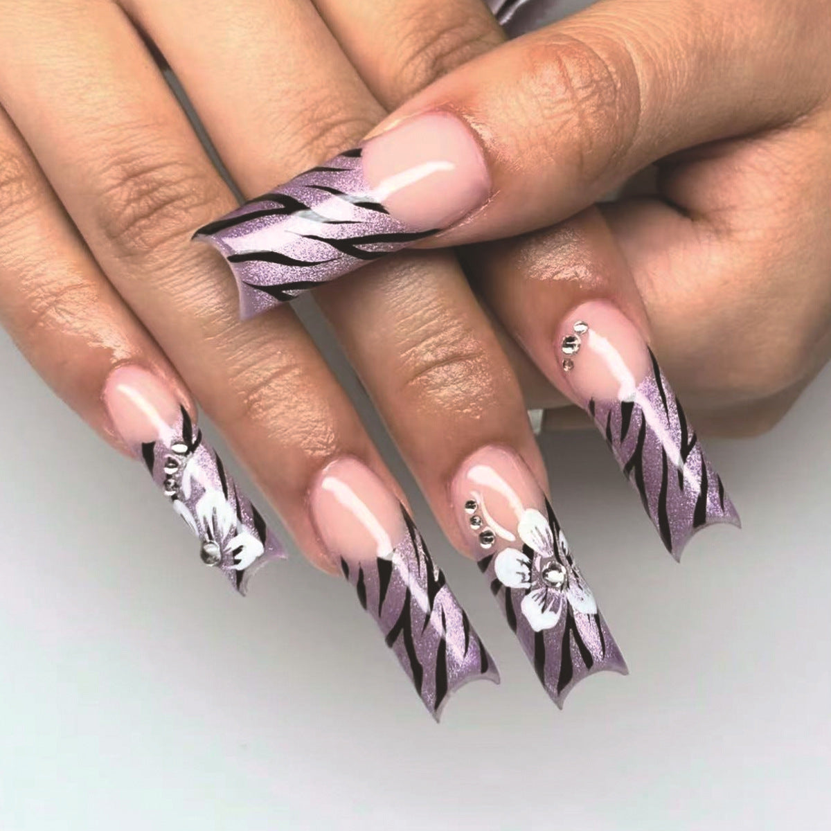 Whimsical Elegance Long Square Lavender Press-On Nail Set with Floral Design and Sparkling Accents