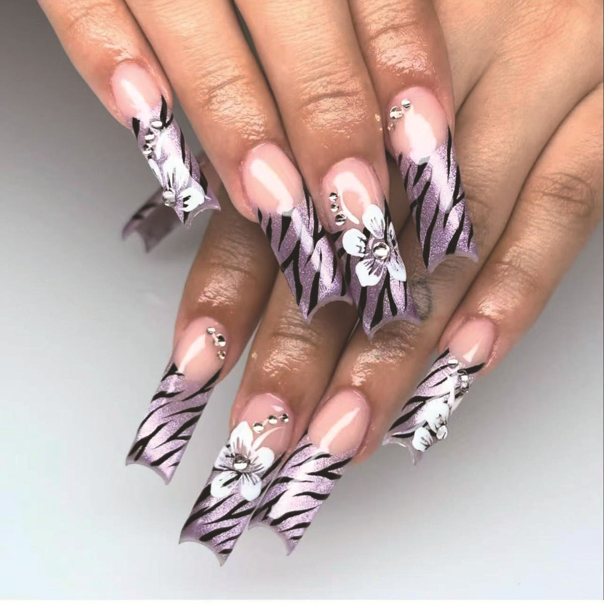 Whimsical Floral Fantasy Long Square Purple and Black with Sparkling Floral Accents Press On Nail Set