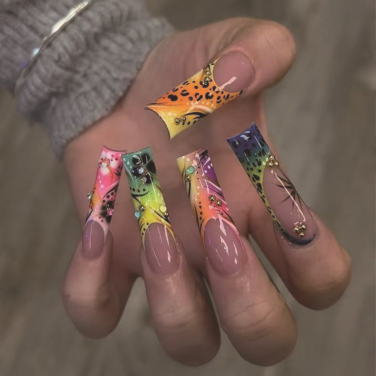 Vibrant Safari Inspired Long Square Multicolor Gradient with Rhinestone Accents Press on Nail Set