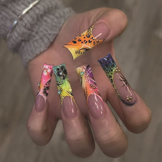 Vibrant Safari Inspired Long Square Multicolor Gradient with Rhinestone Accents Press on Nail Set