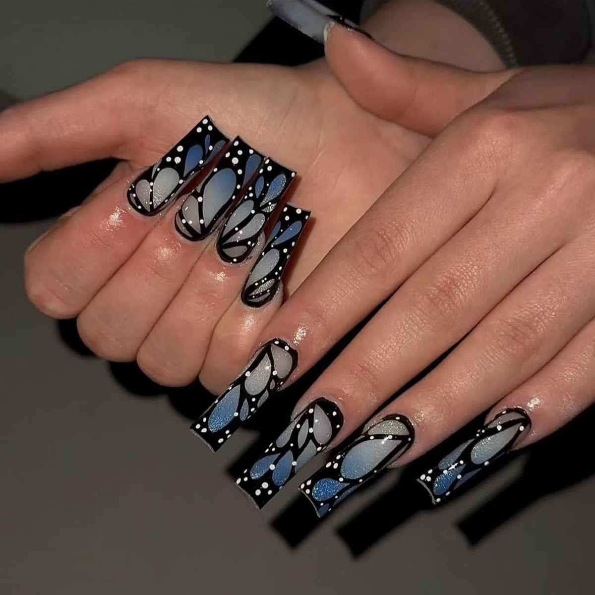 Mystical Ocean Vibes Long Square Blue and Black Floral Press On Nail Set with Shimmering Accents