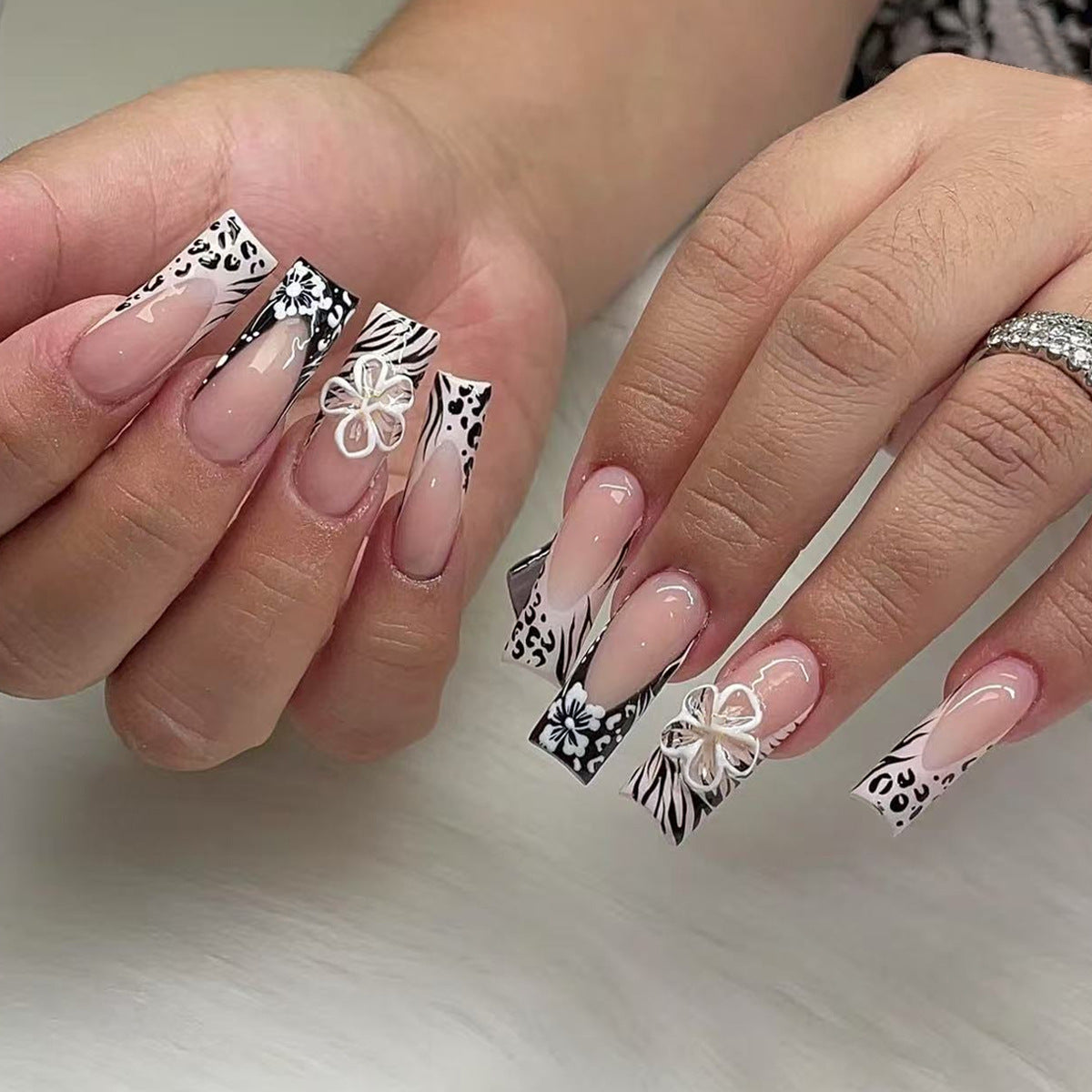 Savage Chic Long Square Black and White Animal Print with Floral Embellishments Press On Nail Set