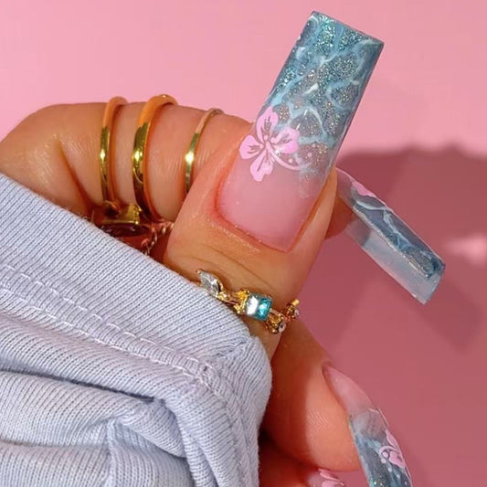 Blossoming Dreams Long Square Blue and Pink Floral Glitter Press On Nail Set