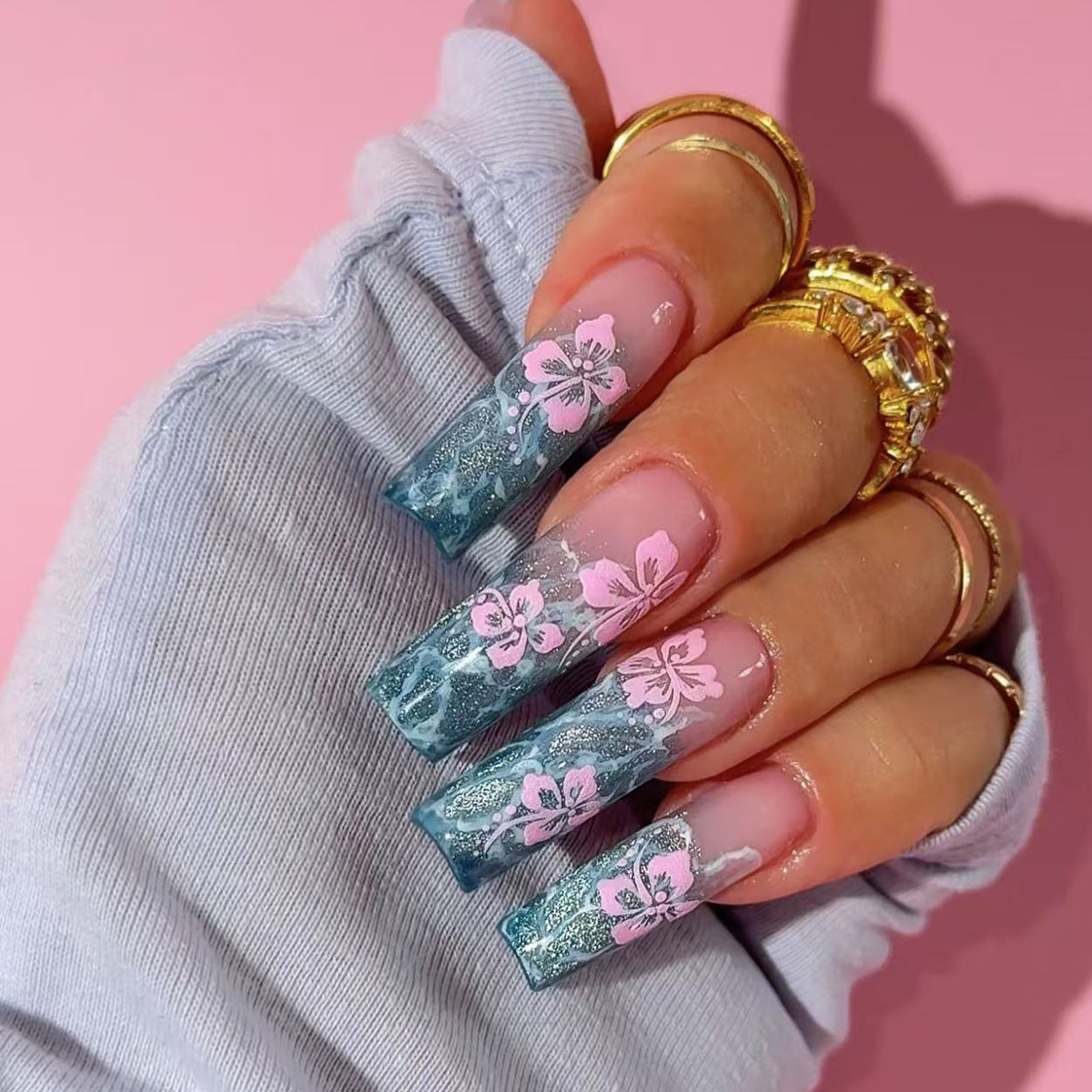 Blossoming Dreams Long Square Aqua Blue with Elegant Floral Design Press On Nail Set