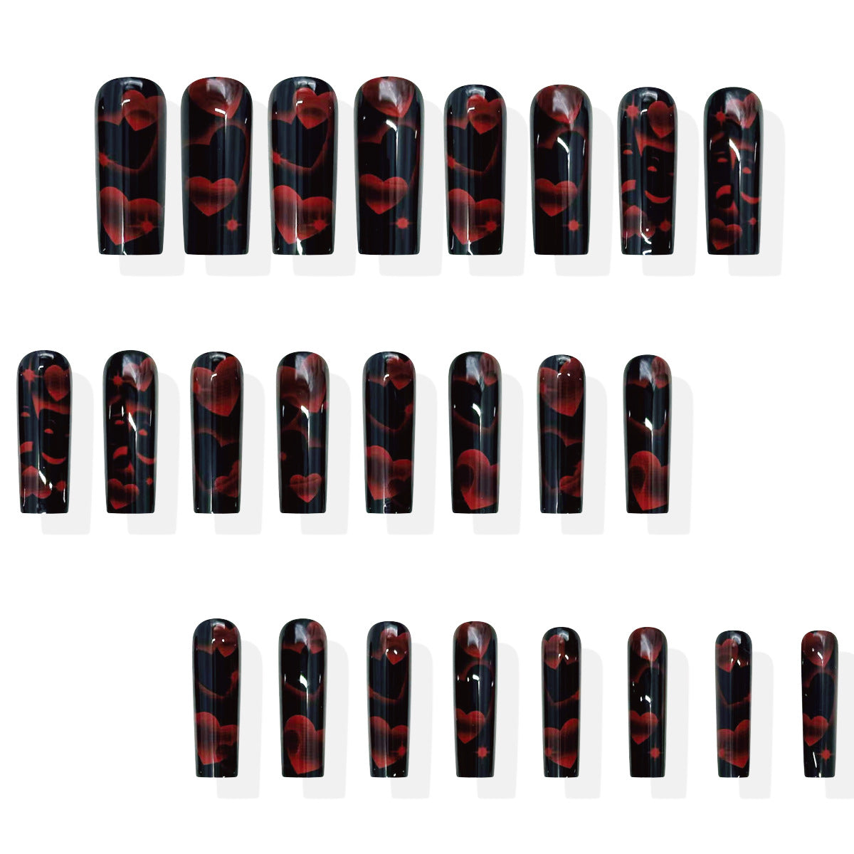 Romantic Love Story Long Square Glossy Black with Heart Design Press-On Nail Set