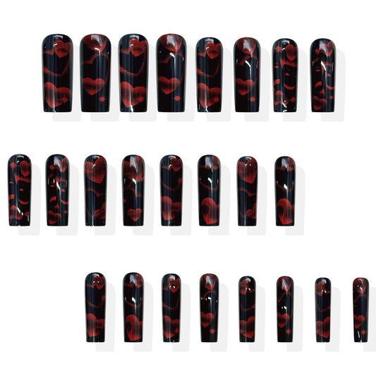 Romantic Love Story Long Square Glossy Black with Heart Design Press-On Nail Set