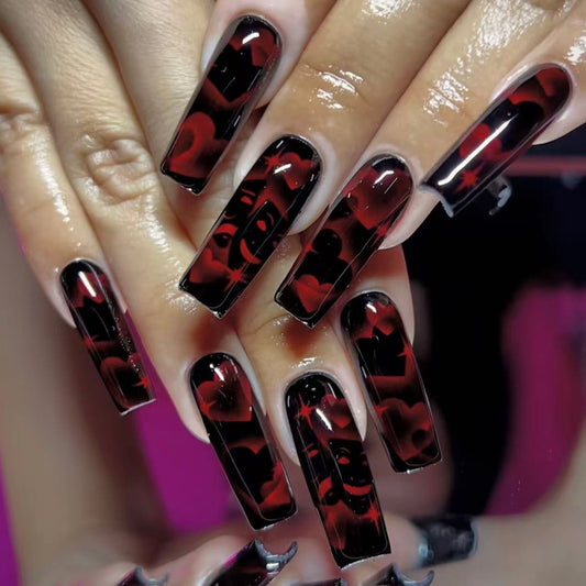 Mystical Elegance Long Square Black and Red Heart Design Press On Nail Set