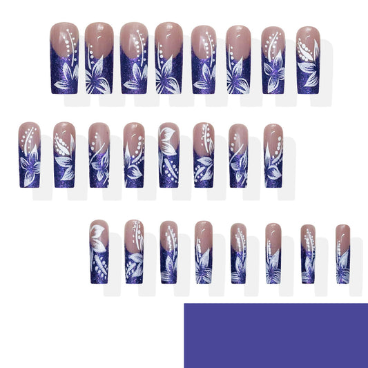 Enchanting Floral Twilight Long Square Purple Glitter Press On Nail Set with Delicate White Detailing