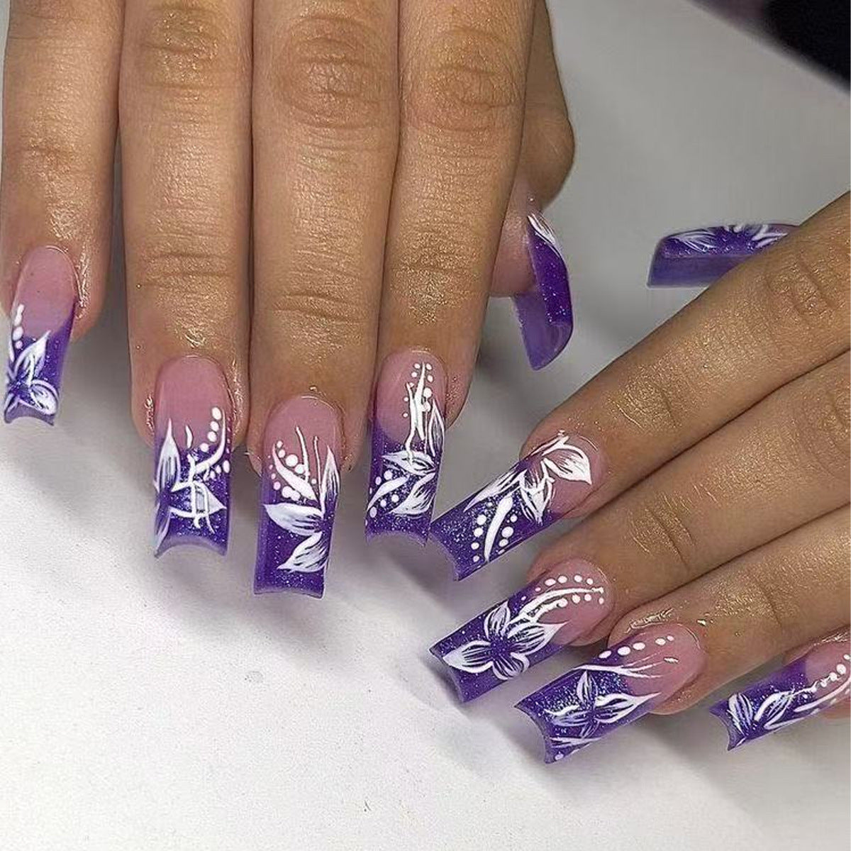 Whimsical Blossom Purple Long Square Press On Nail Set with Elegant Floral Designs