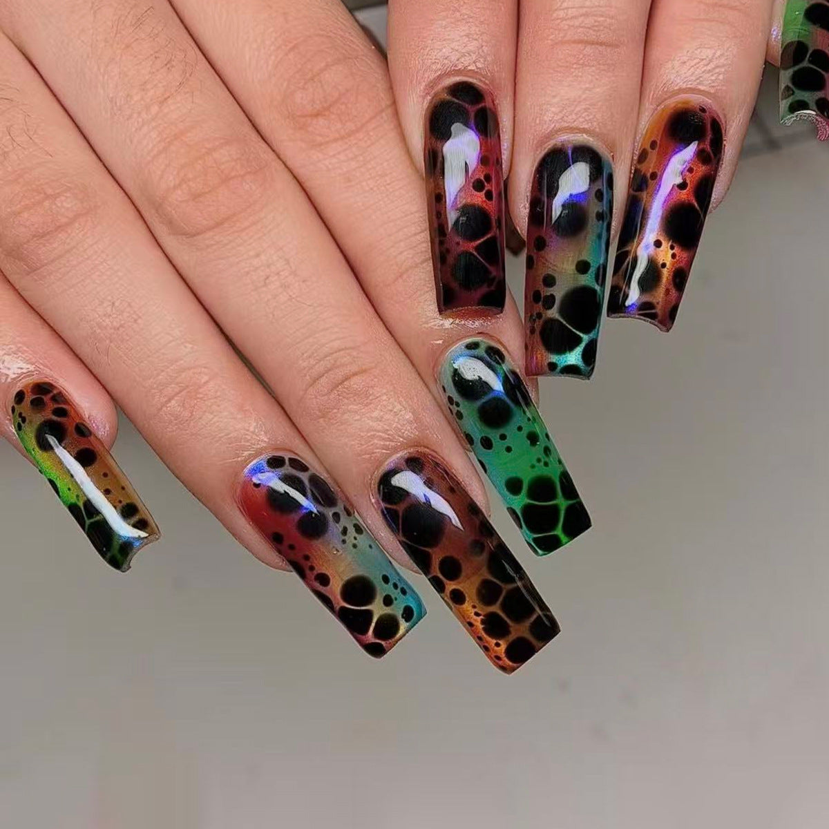 Cosmic Blends Long Square Acrylic Press On Nail Set in Vibrant Multi-Colored with Unique Ombre Effect