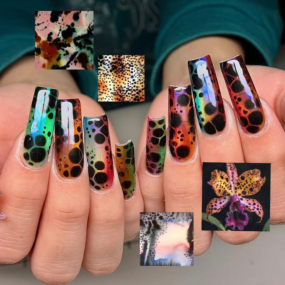 Mystical Patterns Stunning Long Square Multicolored with Unique Spot Design Press-On Nail Set