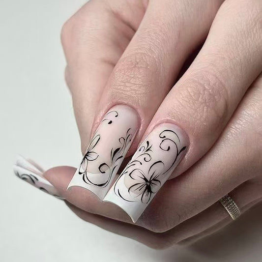 Floral Elegance Long Square Transparent Nails with Delicate Hand-Painted Design