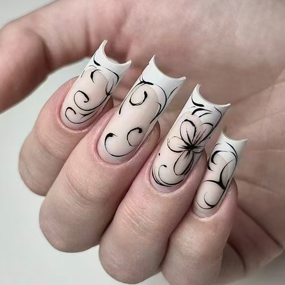Whimsical Garden Long Square White Floral Design Press On Nail Set