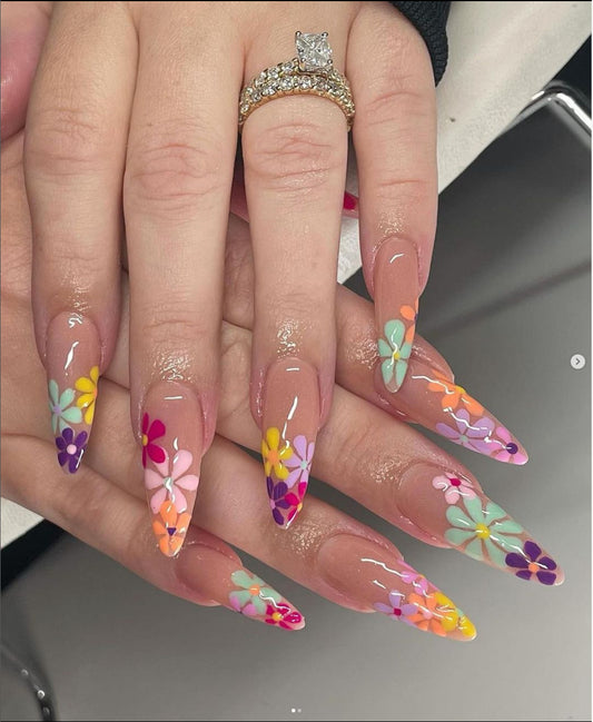 Floral Fantasy Long Almond Shape Multicolored Press On Nails with Vibrant Flower Art