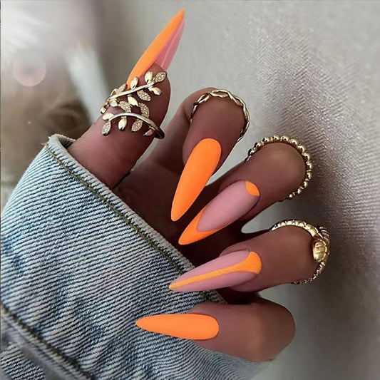 Last Night Long Oval Orange Bold Press On Nails