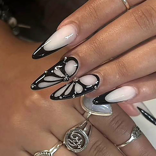 Elegant Butterfly Gala Long Stiletto Ombre Black and White Press On Nails with Intricate Wing Design