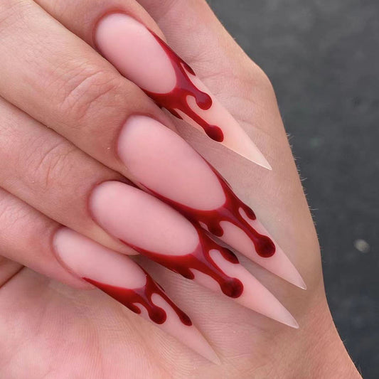 Spooky Glam Long Stiletto Press On Nail Set Blush Pink with Dripping Red Accents