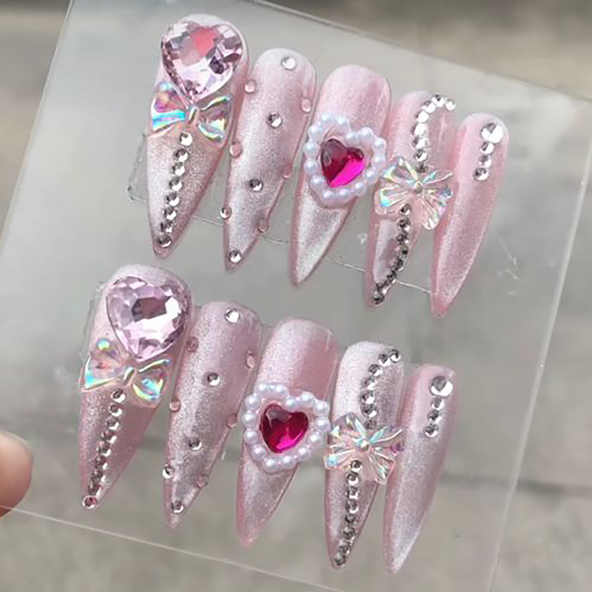 Enchanted Romance Long Stiletto Shimmering Pink Press On Nail Set with Heart and Gemstone Accents