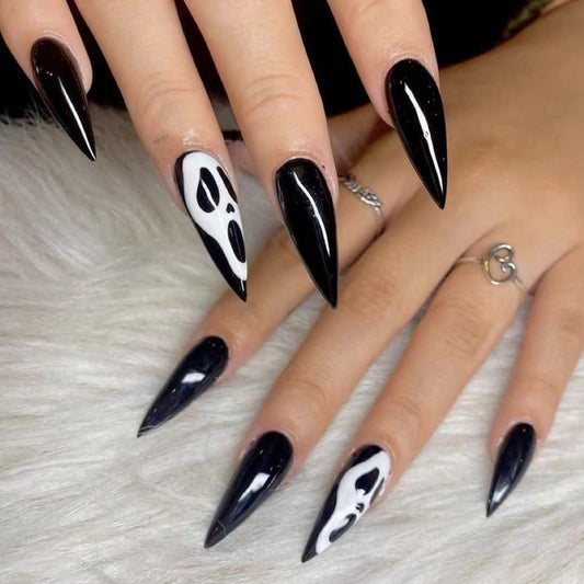 Halloween Glamour Long Stiletto Black And White Skull Press On Nail Set
