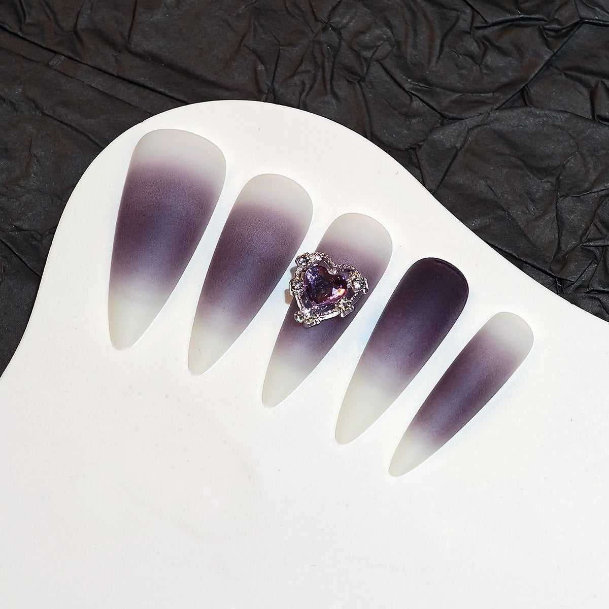 Mystical Lavender Dream Press On Nail Set Long Stiletto Shape Ombre Purple Color with Heart Gem Accent