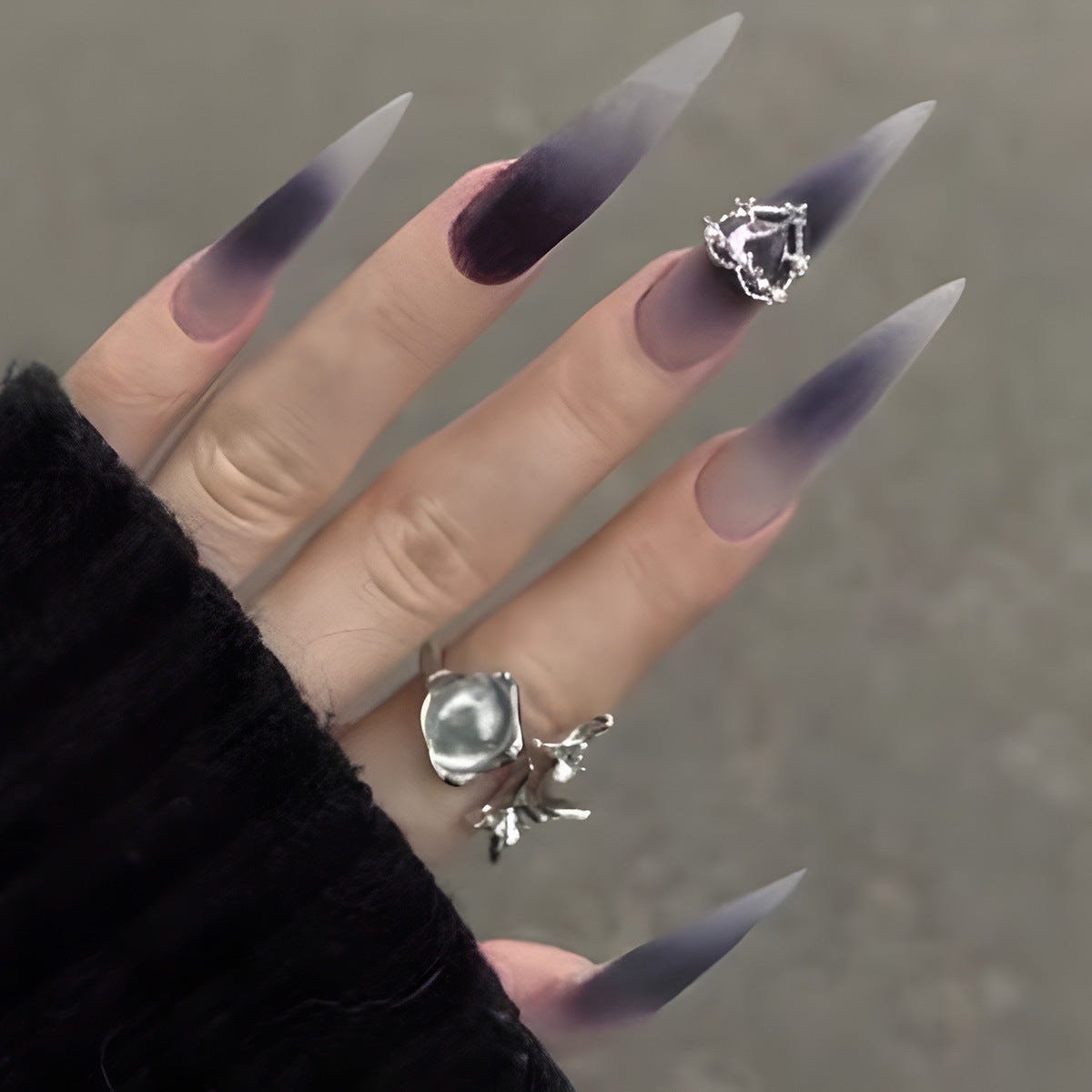 Gothic Elegance Long Stiletto Press on Nails Ombre Black to Purple with Unique Crystal Accent