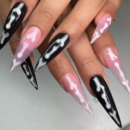 Skeleton Chic Long Stiletto Press On Nail Set Black and Pink Ombre with Bone Design
