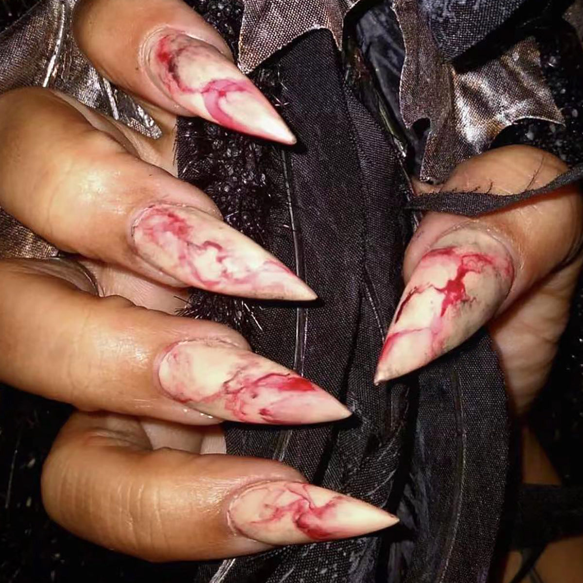 Gothic Elegance Long Stiletto Press On Nail Set Red Marble Design