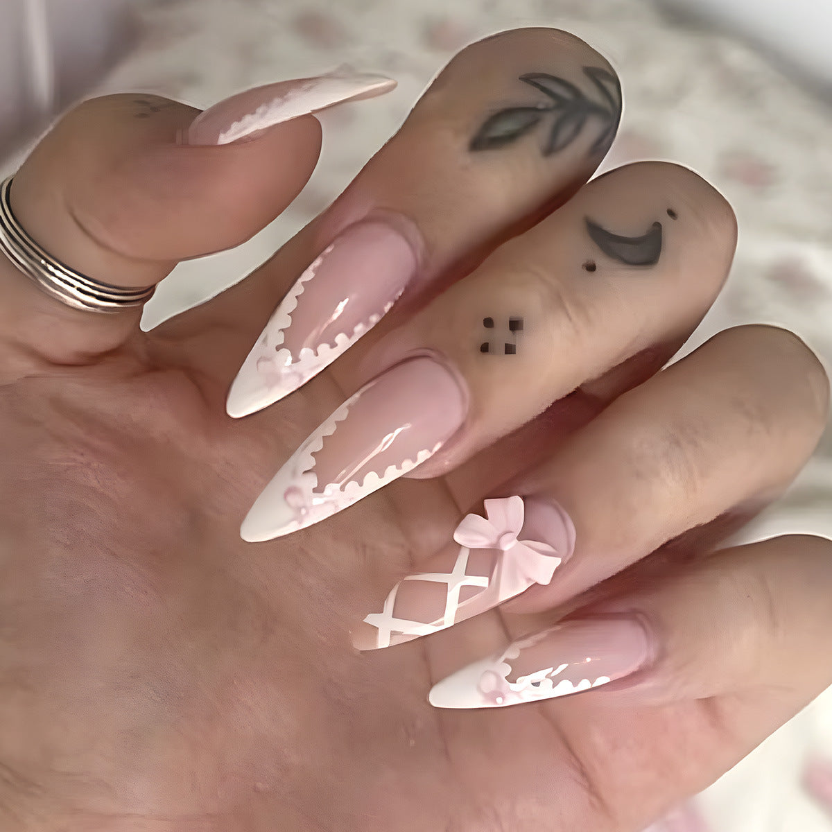 Charming Victorian Style Long Almond Pink and White Lace Press-On Nail Set with Adorable Bow Detail