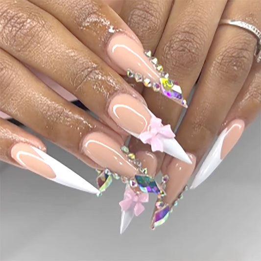 Whimsical Elegance Long Stiletto Press-On Nails in Soft Beige with Iridescent Accents and Adorable Floral Embellishments