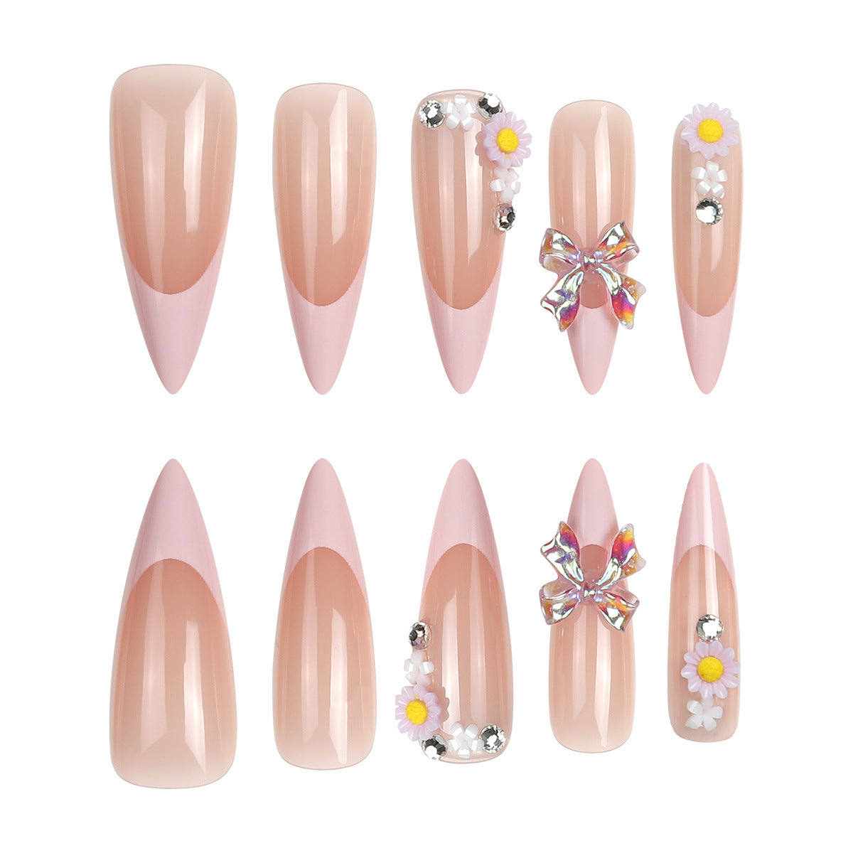 Whimsical Blossom Elegant Long Almond Gradient Pink Press On Nail Set with Charming Floral Accents